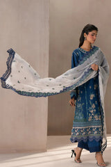 ETHNC - 3PC DHANAK EMBROIDERED SHIRT WITH COTTON NET EMBROIDERED DUPATTA AND TROUSER - HZU2435