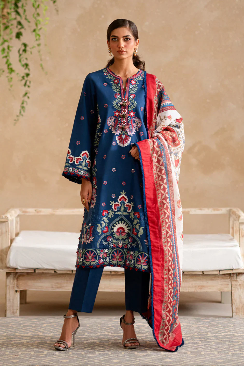 ETHNC - 3PC DHANAK EMBROIDERED SHIRT WITH TWILL PRINTED SHAWL AND TROUSER - HZG2396