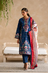 ETHNC - 3PC DHANAK EMBROIDERED SHIRT WITH TWILL PRINTED SHAWL AND TROUSER - HZG2396