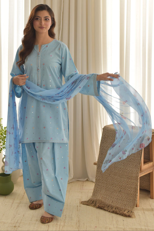 AISLING - 3PC DHANAK EMBROIDERED SHIRT WITH CHIFFON PRINTED DUPATTA AND TROUSER - HZU2533