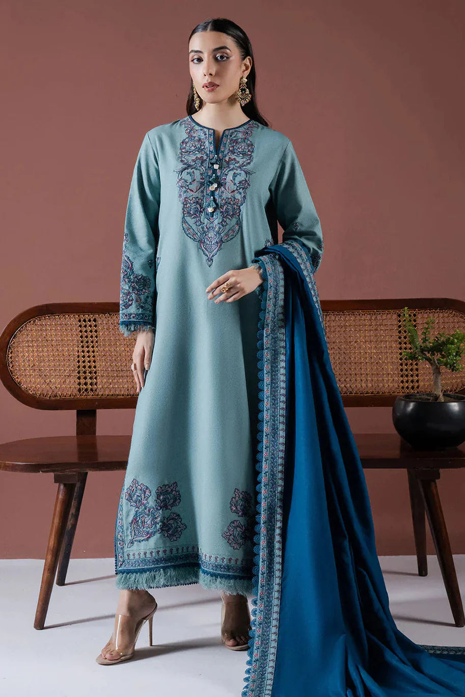 ASIM JOFA - 3PC DHANAK EMBROIDERED SHIRT WITH DHANAK EMBROIDERED SHAWL AND TROUSER - HZG2383