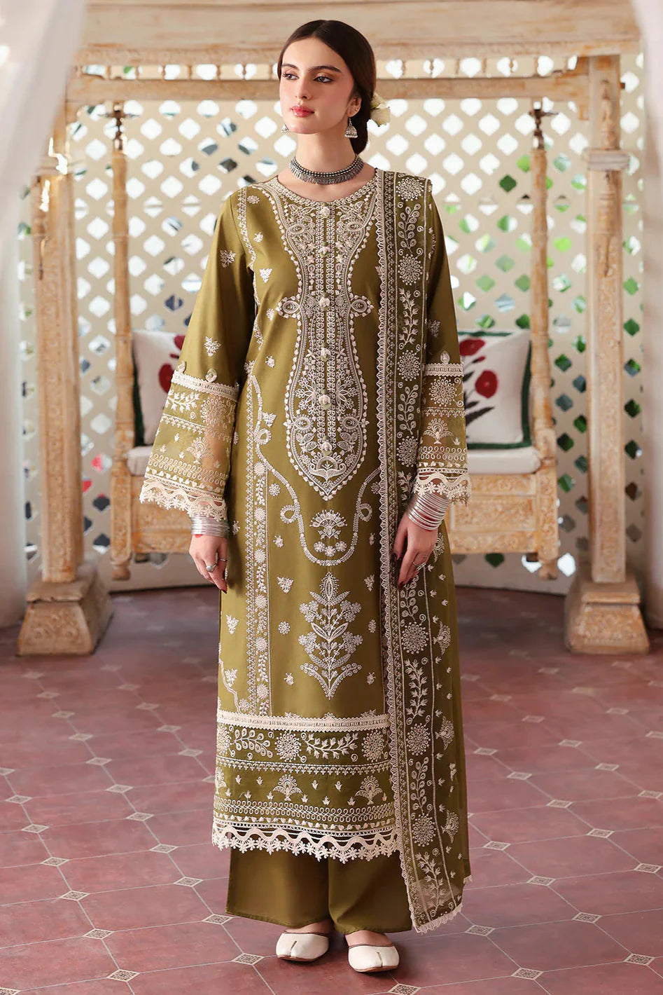 MAHNUR - 3PC LAWN EMBROIDERED SHIRT WITH LAWN EMBROIDERED DUPATTA AND TROUSER - HZG2630