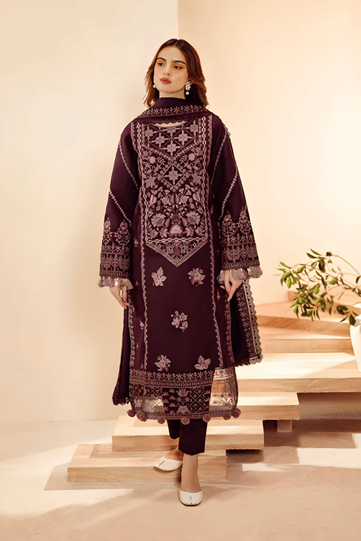 FLORENT - 3PC DHANAK EMBROIDERED SHIRT WITH DHANAK EMBROIDERED SHAWL AND TROUSER - HZG1934