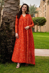 FAIZA SAQLAIN - 3PC LAWN EMBROIDERED FROCK WITH CHUNRI PRINTED DUPATTA AND TROUSER - HZG2953