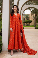 FAIZA SAQLAIN - 3PC LAWN EMBROIDERED FROCK WITH CHUNRI PRINTED DUPATTA AND TROUSER - HZG2953