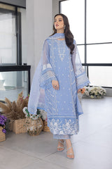 AZURE - 3PC ORGANZA EMBROIDERED LAWN SHIRT WITH ORGANZA EMBROIDERED DUPATTA AND TROUSER - HZG1556