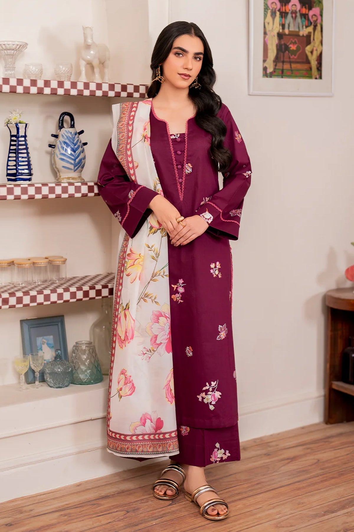 BATIK - 3PC DHANAK EMBROIDERED SHIRT WITH TWILL PRINTED SHAWL AND TROUSER - HZG1805