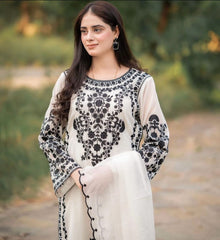 AZURE - 3PC DHANAK EMBROIDERED SHIRT WITH COTTON NET DUPATTA AND TROUSER - HZG1821