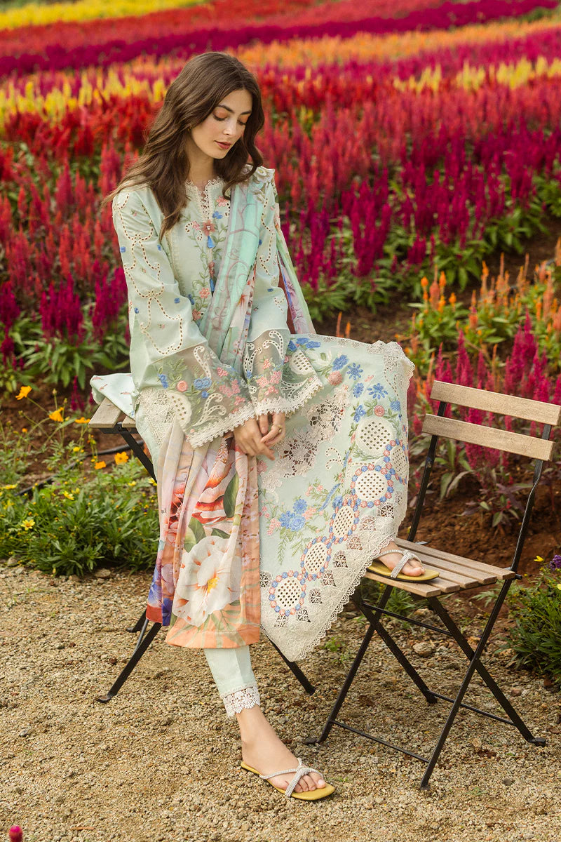 MUSHQ - 3PC DHANAK CHIKANKAARI EMBROIDERED SHIRT WITH TWILL PRINTED SHAWL AND TROUSER - HZG2278
