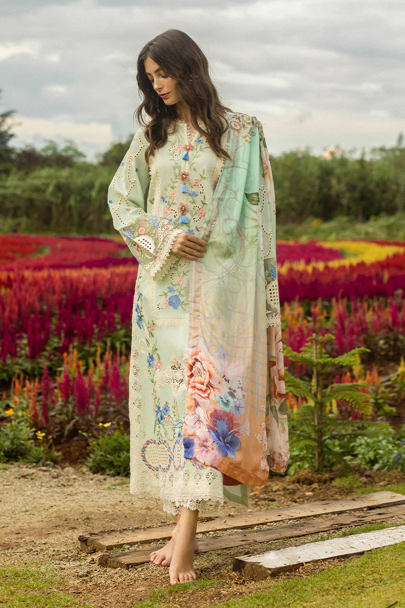 MUSHQ - 3PC DHANAK CHIKANKAARI EMBROIDERED SHIRT WITH TWILL PRINTED SHAWL AND TROUSER - HZG2278