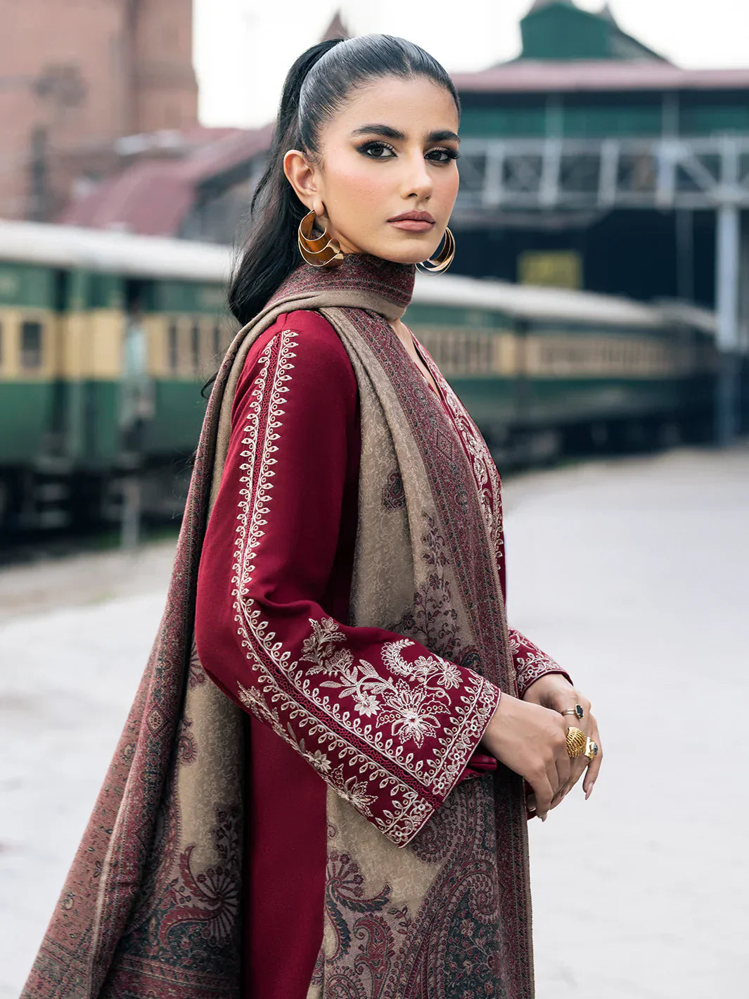 IZEL - 3PC DHANAK EMBROIDERED SHIRT WITH TWILL PRINTED SHAWL AND TROUSER - HZG1878