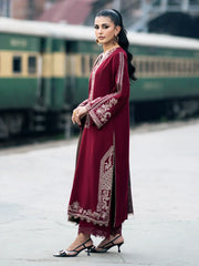 IZEL - 3PC DHANAK EMBROIDERED SHIRT WITH TWILL PRINTED SHAWL AND TROUSER - HZG1878