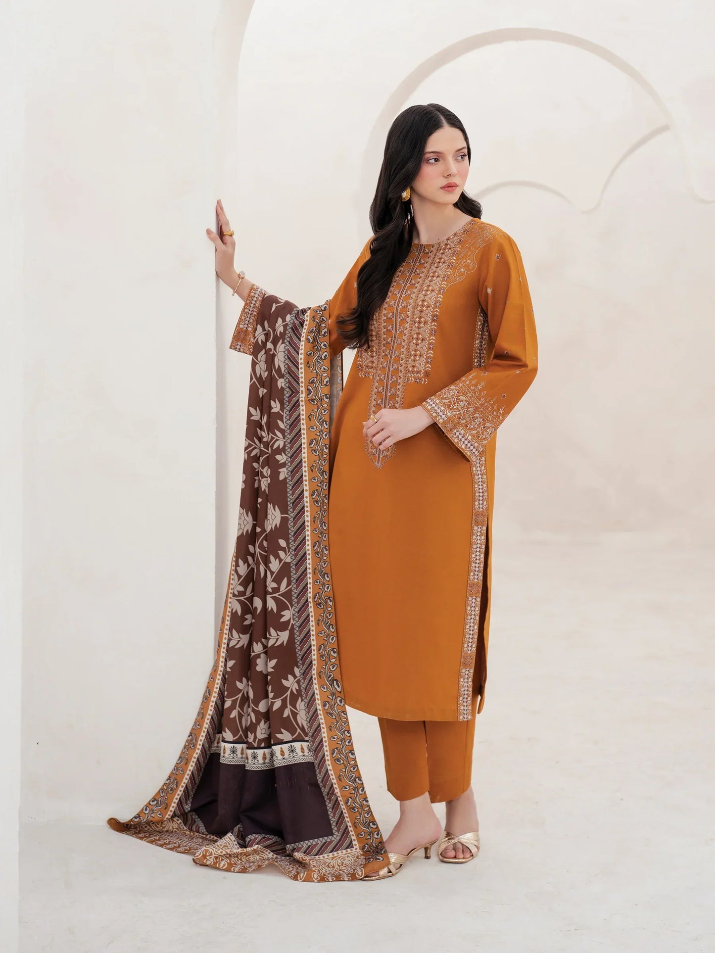 GARNET - 3PC DHANAK EMBROIDERED SHIRT WITH TWILL PRINTED SHAWL AND TROUSER - HZG2082