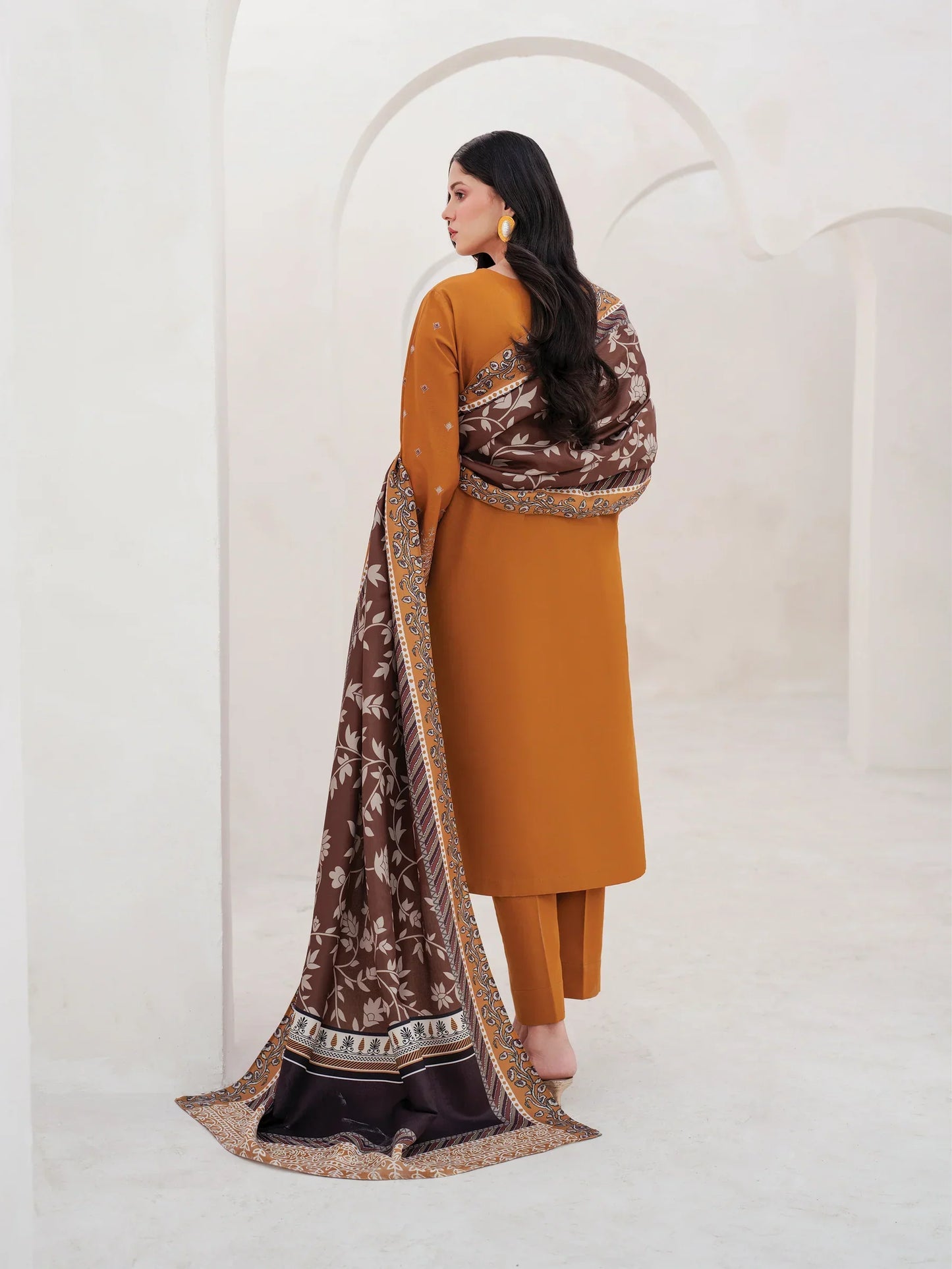 GARNET - 3PC DHANAK EMBROIDERED SHIRT WITH TWILL PRINTED SHAWL AND TROUSER - HZG2082