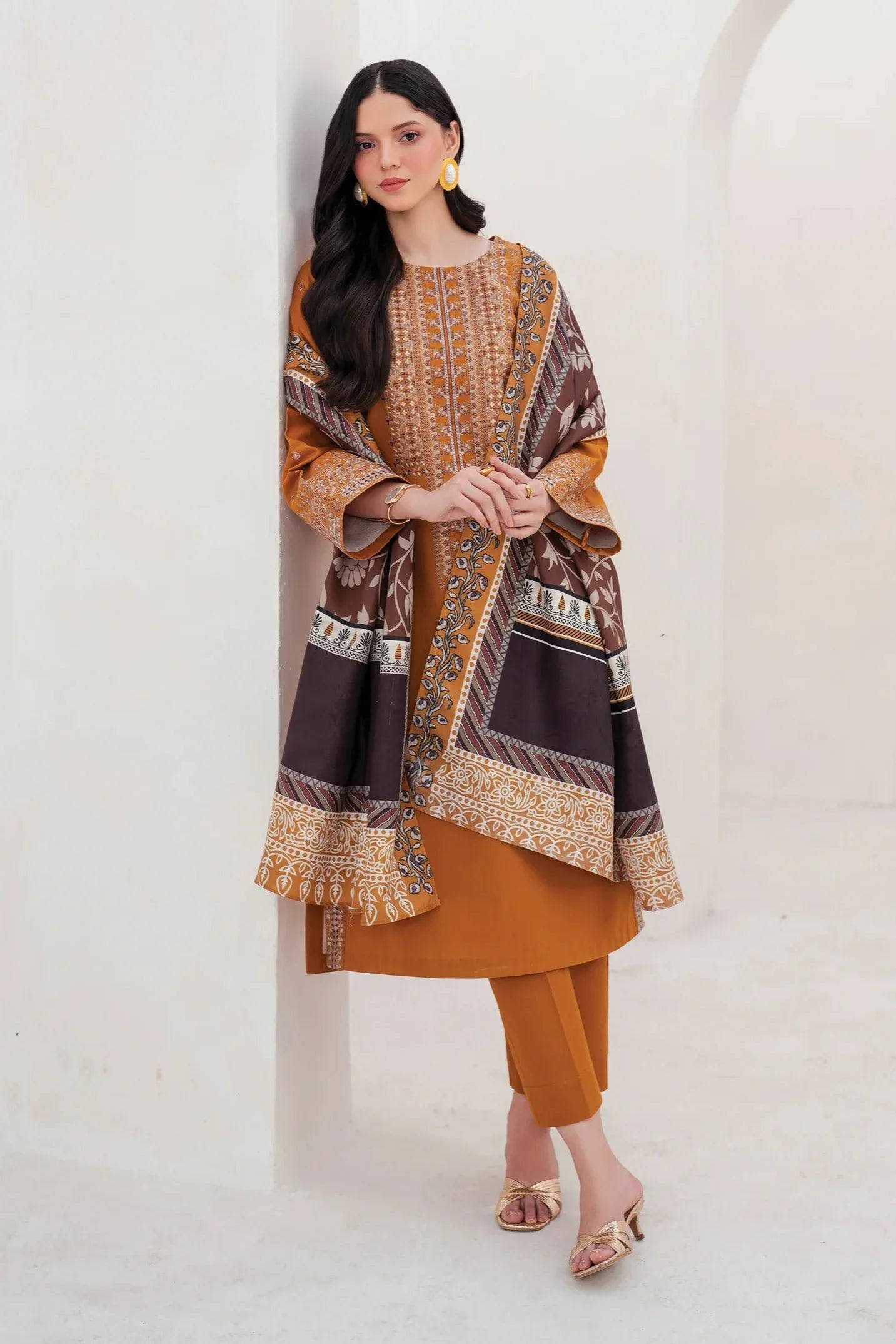 GARNET - 3PC DHANAK EMBROIDERED SHIRT WITH TWILL PRINTED SHAWL AND TROUSER - HZG2082