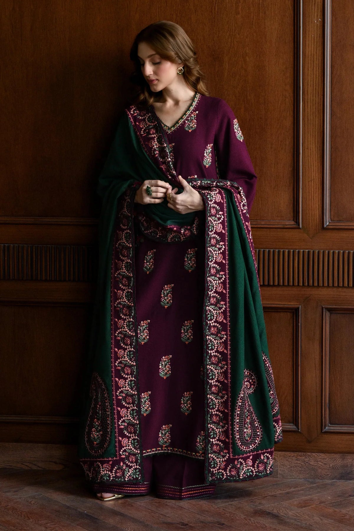 BATIK - 3PC DHANAK EMBROIDERED SHIRT WITH DHANAK EMBROIDERED SHAWL AND TROUSER - HZG2613