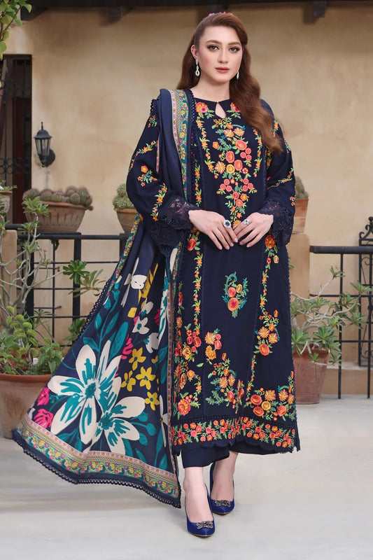ASIM JOFA - 3PC DHANAK EMBROIDERED SHIRT WITH TWILL PRINTED SHAWL AND TROUSER - HZU2529