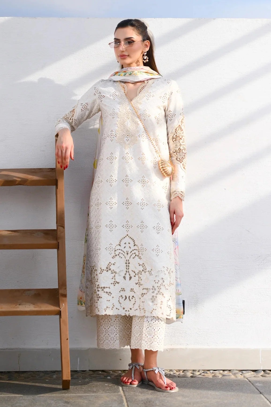 ZAIB - 3PC LAWN CHIKANKAARI EMBROIDERED SHIRT WITH SILK PRINTED DUPATTA AND TROUSER - HZG2993