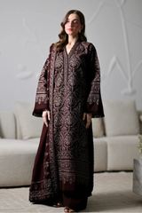 ZAIB - 3PC DHANAK EMBROIDERED SHIRT DHANAK EMBROIDERED SHAWL AND TROUSER - HZG3118