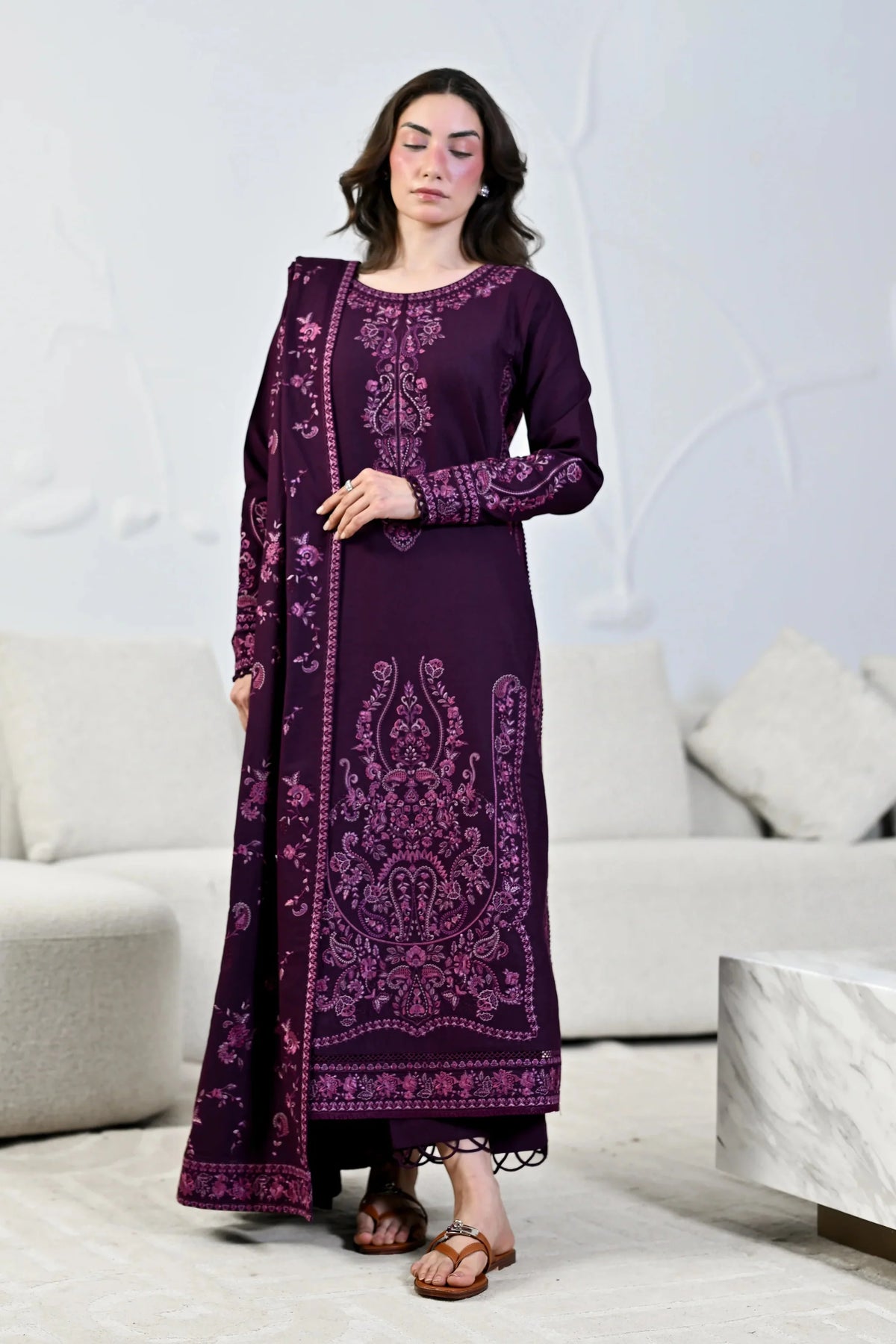 ZAIB - 3PC DHANAK EMBROIDERED SHIRT DHANAK EMBROIDERED SHAWL AND TROUSER - HZG3128