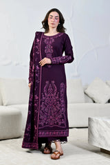 ZAIB - 3PC DHANAK EMBROIDERED SHIRT DHANAK EMBROIDERED SHAWL AND TROUSER - HZG3128
