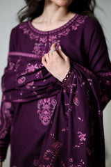 ZAIB - 3PC DHANAK EMBROIDERED SHIRT DHANAK EMBROIDERED SHAWL AND TROUSER - HZG3128