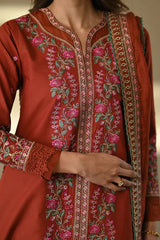 ZAIB - 3PC DHANAK EMBROIDERED SHIRT WITH DHANAK EMBROIDERED SHAWL AND TROUSER - HZU2595