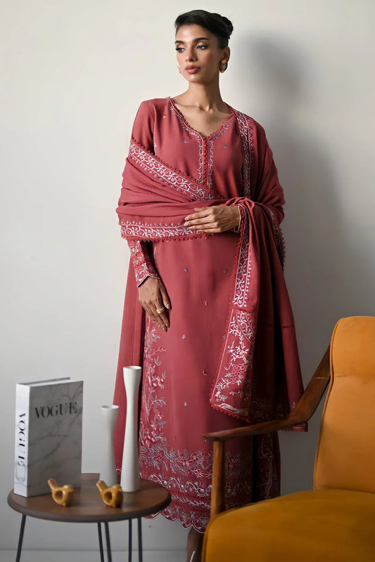 BATIK - 3PC DHANAK EMBROIDERED SHIRT WITH DHANAK EMBROIDERED SHAWL AND TROUSER - HZU2488