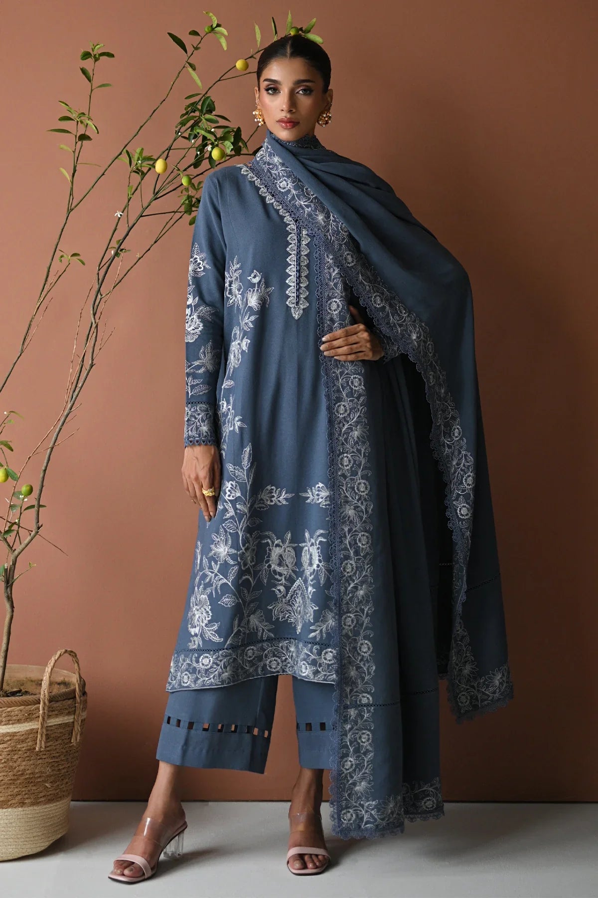 BATIK - 3PC DHANAK EMBROIDERED SHIRT WITH DHANAK EMBROIDERED SHAWL AND TROUSER - HZU2487