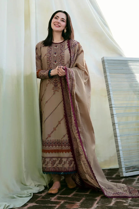 FLORENT - 3PC DHANAK EMBROIDERED SHIRT WITH DHANAK EMBROIDERED SHAWL AND TROUSER - HZG2368