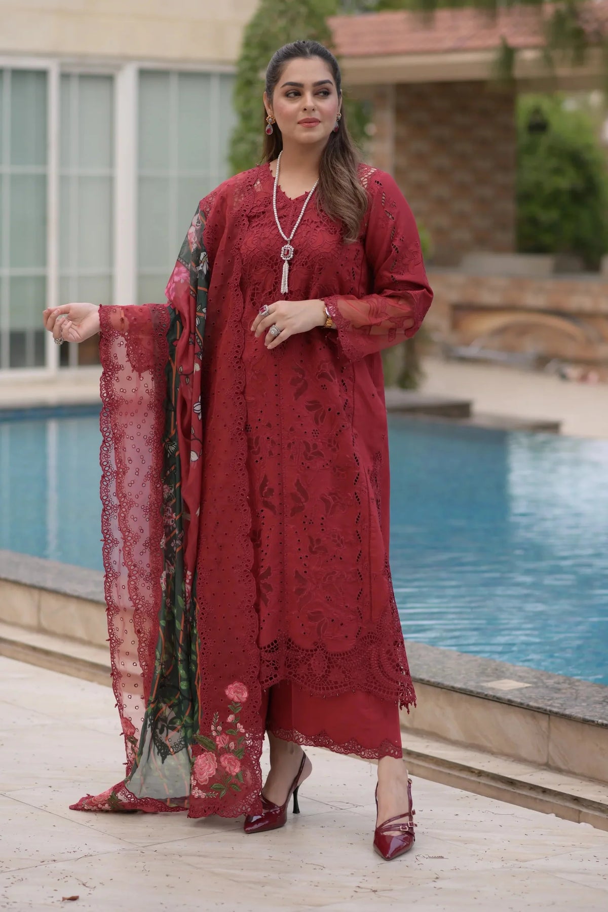 ANEELAS - 3PC LAWN CHIKANKAARI EMBROIDERED SHIRT WITH CHIFFON PRINTED DUPATTA AND TROUSER - HZG2988