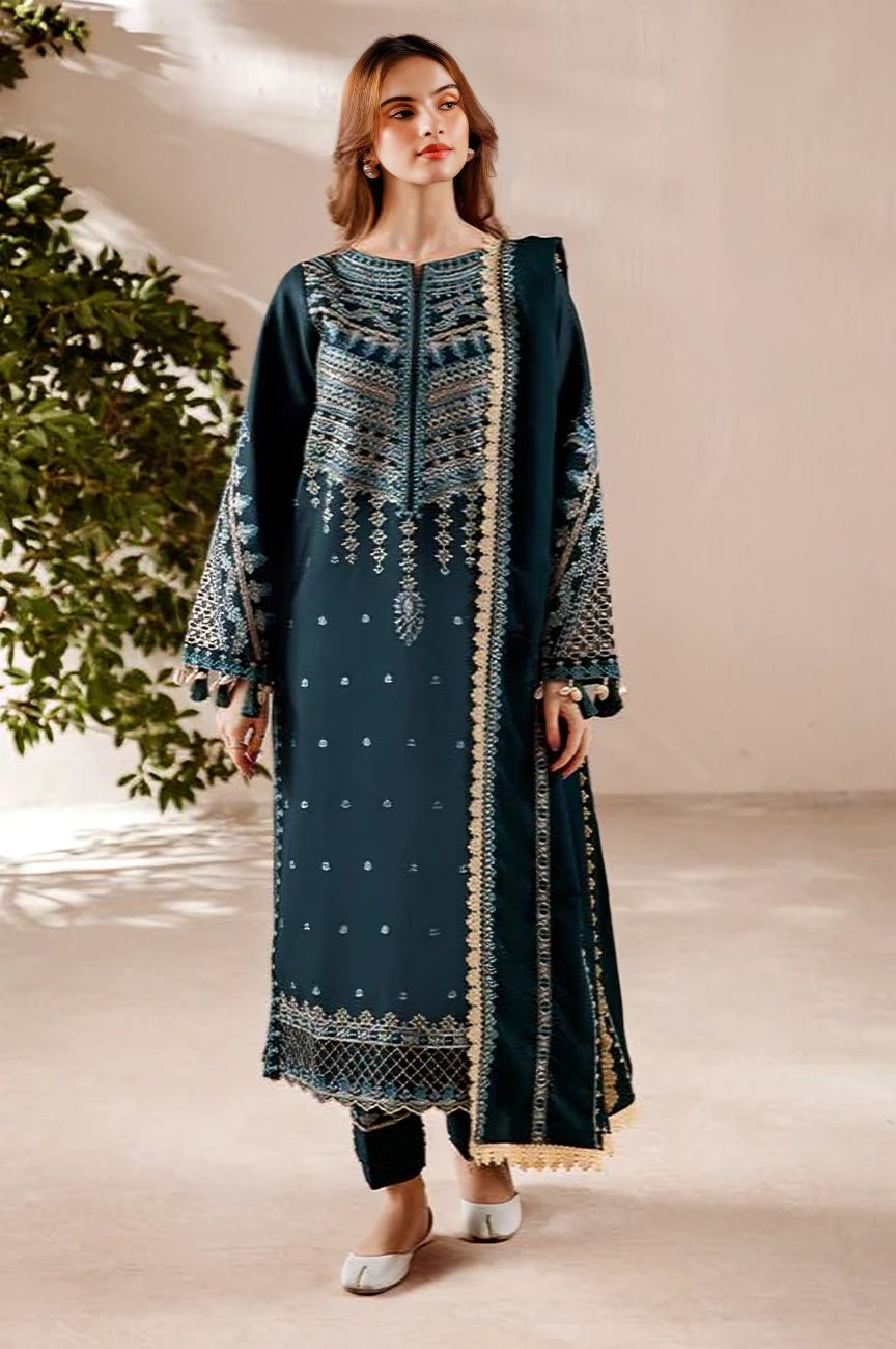 FLORENT - 3PC DHANAK EMBROIDERED SHIRT WITH DHANAK EMBROIDERED SHAWL AND TROUSER - HZG2450