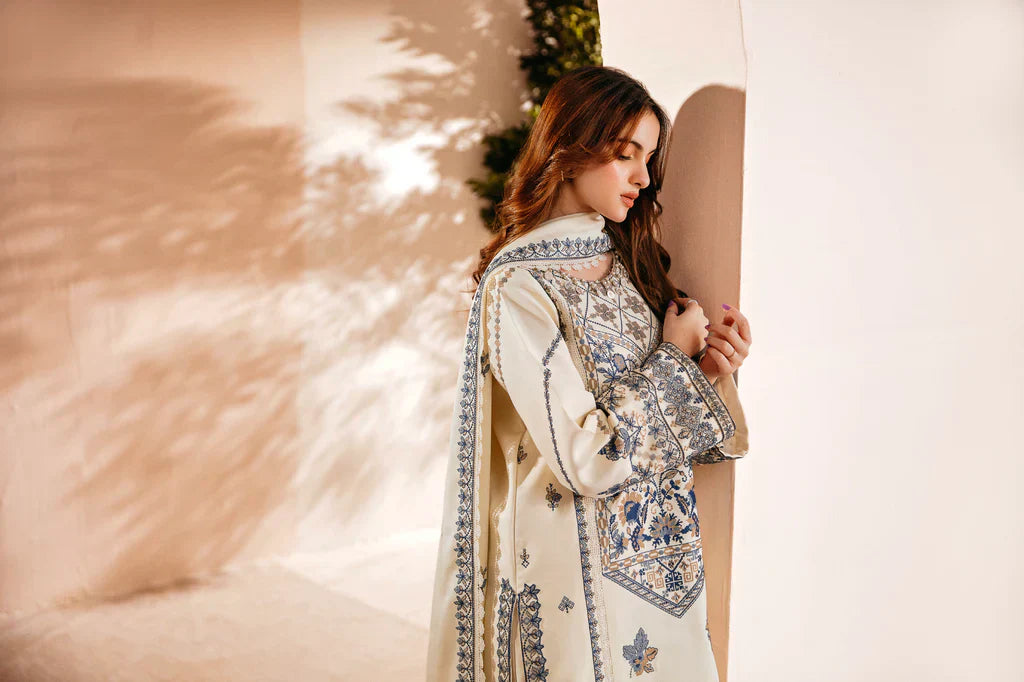 FLORENT - 3PC DHANAK EMBROIDERED SHIRT WITH DHANAK EMBROIDERED SHAWL AND TROUSER - HZG1935