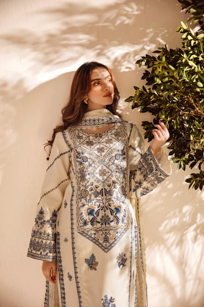 FLORENT - 3PC DHANAK EMBROIDERED SHIRT WITH DHANAK EMBROIDERED SHAWL AND TROUSER - HZG1935
