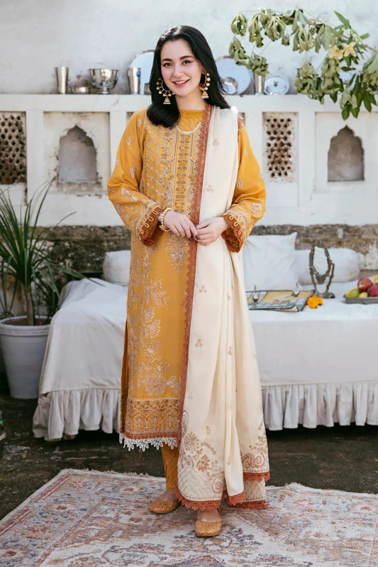 FLORENT - 3PC DHANAK EMBROIDERED SHIRT WITH DHANAK EMBROIDERED SHAWL AND TROUSER - HZG2319