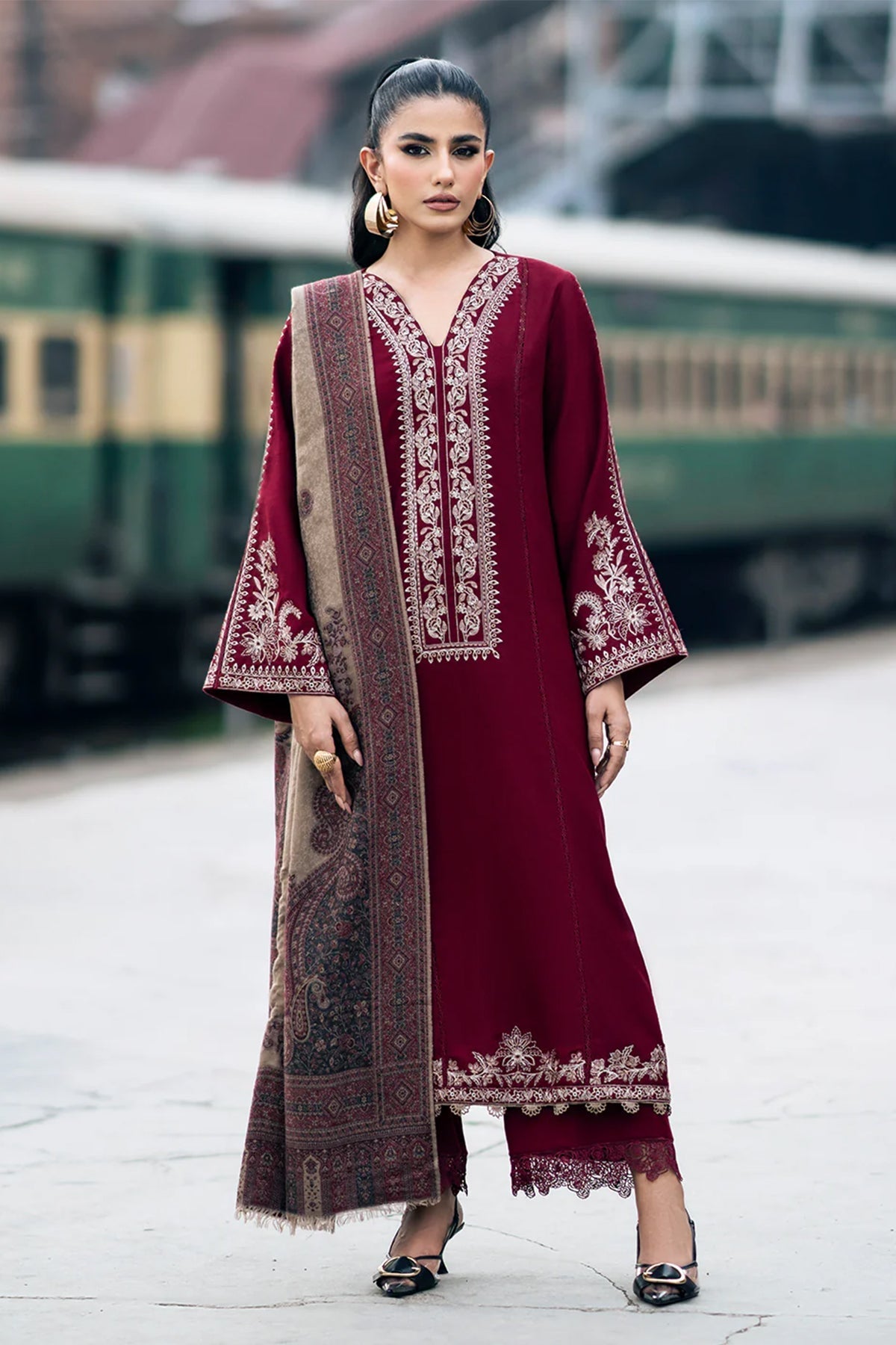 IZEL - 3PC DHANAK EMBROIDERED SHIRT WITH TWILL PRINTED SHAWL AND TROUSER - HZG1878