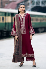 IZEL - 3PC DHANAK EMBROIDERED SHIRT WITH TWILL PRINTED SHAWL AND TROUSER - HZG1878