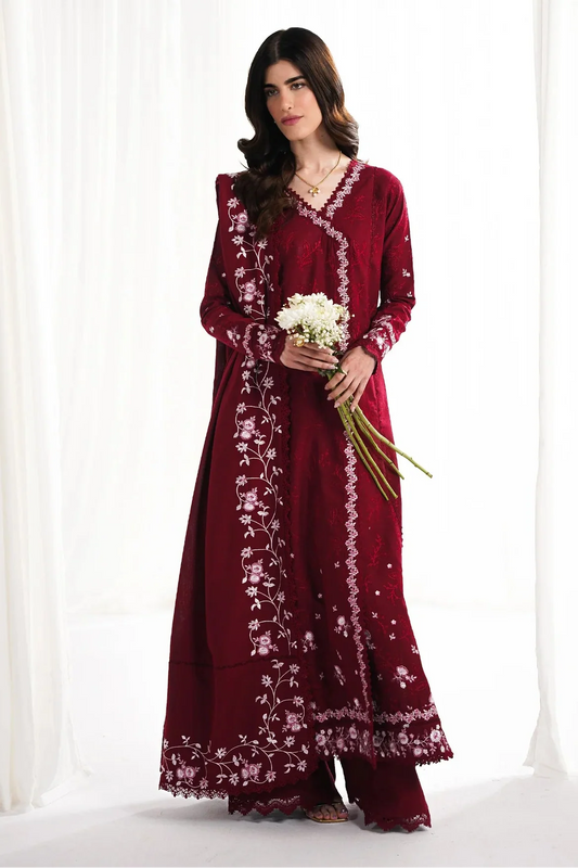 REPUBLIC WOMENSWEAR - 3PC DHANAK EMBROIDERED SHIRT WITH DHANAK EMBROIDERED SHAWL AND TROUSER - HZU2472