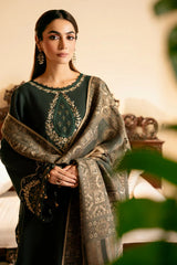 IZEL - 3PC DHANAK EMBROIDERED SHIRT WITH TWILL PRINTED SHAWL AND TROUSER - HZG2612