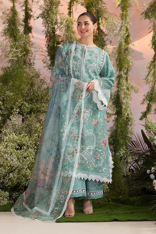 SOBIA NAZIR - 3PC LAWN CHIKANKAARI EMBROIDERED SHIRT WITH CHIFFON PRINTED DUPATTA AND TROUSER - HZG2969