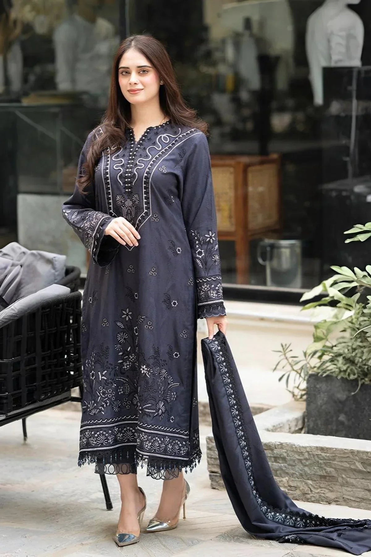 LIBAAS - 3PC DHANAK EMBROIDERED SHIRT WITH DHANAK EMBROIDERED SHAWL AND TROUSER - HZG2380
