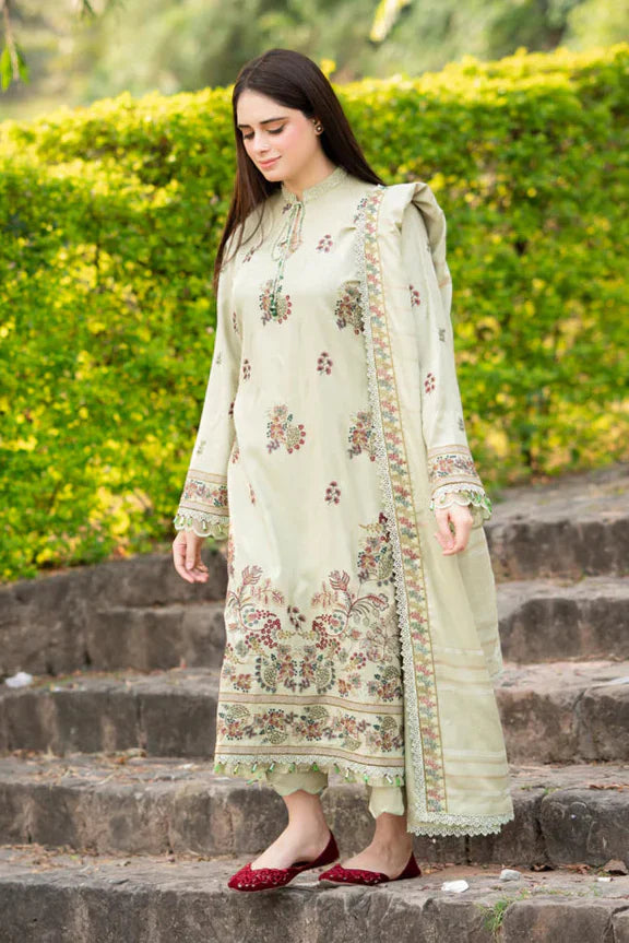 LIBAAS - 3PC DHANAK EMBROIDERED SHIRT WITH DHANAK EMBROIDERED SHAWL AND TROUSER - HZG2340