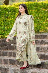 LIBAAS - 3PC DHANAK EMBROIDERED SHIRT WITH DHANAK EMBROIDERED SHAWL AND TROUSER - HZG2340