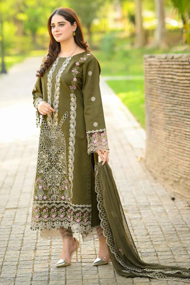 LIBAAS - 3PC KARANDI EMBROIDERED SHIRT WITH KARANDI EMBROIDERED SHAWL AND TROUSER - HZU2462