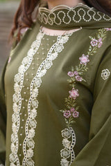 LIBAAS - 3PC KARANDI EMBROIDERED SHIRT WITH KARANDI EMBROIDERED SHAWL AND TROUSER - HZU2462