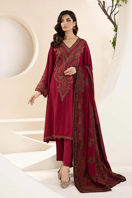 MARIA B - 3PC KHADDAR EMBROIDERED SHIRT WITH TWILL PRINTED SHAWL AND TROUSER - HZG2023