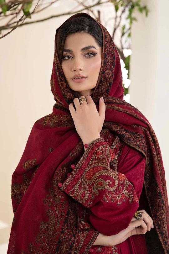 MARIA B - 3PC KHADDAR EMBROIDERED SHIRT WITH TWILL PRINTED SHAWL AND TROUSER - HZG2023