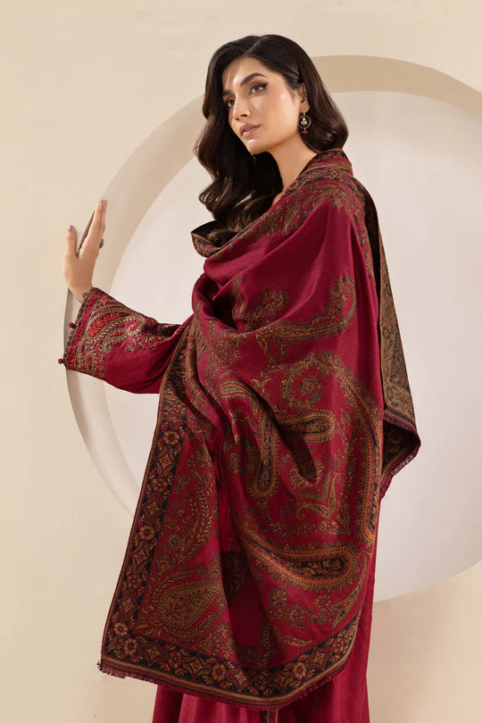 MARIA B - 3PC KHADDAR EMBROIDERED SHIRT WITH TWILL PRINTED SHAWL AND TROUSER - HZG2023