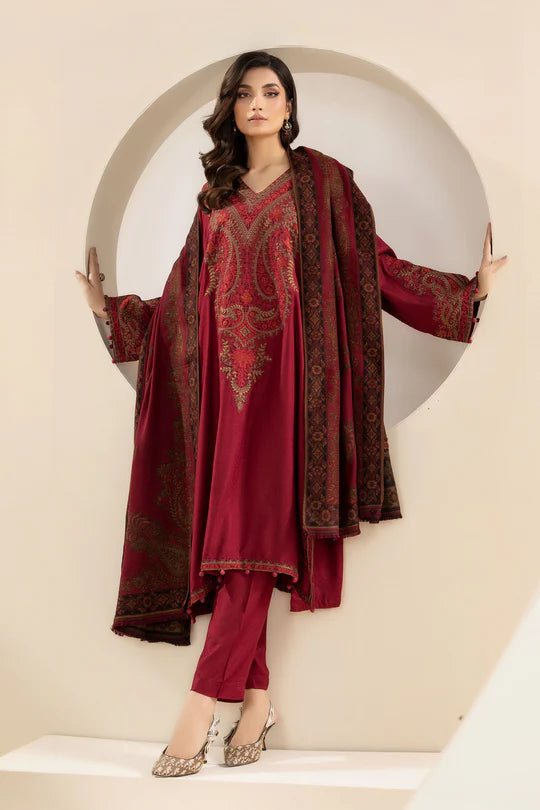 MARIA B - 3PC KHADDAR EMBROIDERED SHIRT WITH TWILL PRINTED SHAWL AND TROUSER - HZG2023