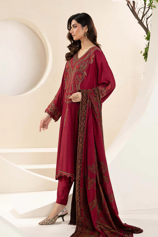 MARIA B - 3PC KHADDAR EMBROIDERED SHIRT WITH TWILL PRINTED SHAWL AND TROUSER - HZG2023